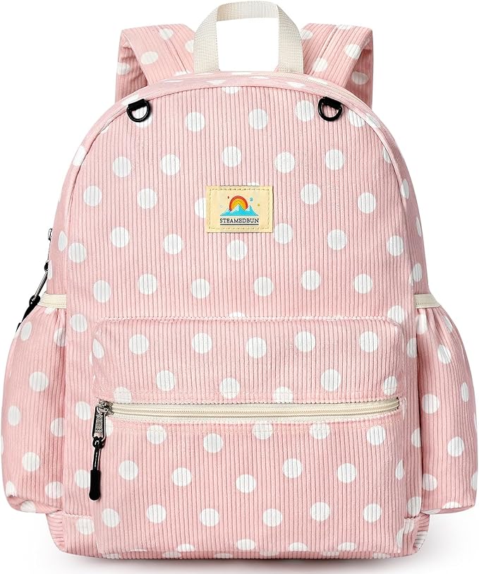 STEAMEDBUN Corduroy Kids Backpack for Girls and Boys 5-8: Girls Backpack for Elementary Kindergarten - 15 inch Cute Backpacks for Kids - Polka Dot