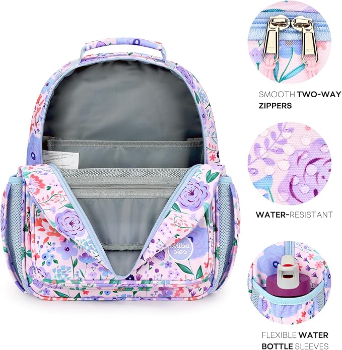 mibasies Kids Backpack for Girls: Girls Backpack 5-8 - Kindergarten Elementary School Bookbag for Girl - Flower Pinkish Blue