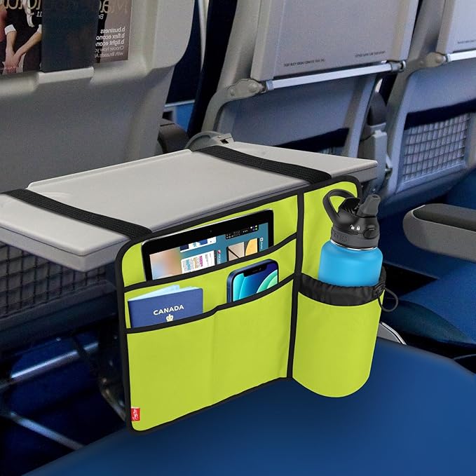 Airplane Seat Back Organizer & Storage, Airplane Tray Table Cover for Personal Items, Airline Seat Hanging Pockets Media Pouch,Reusable Travel Essentials,Fits Tablets,Cell Phone,Water Bottle (Green)