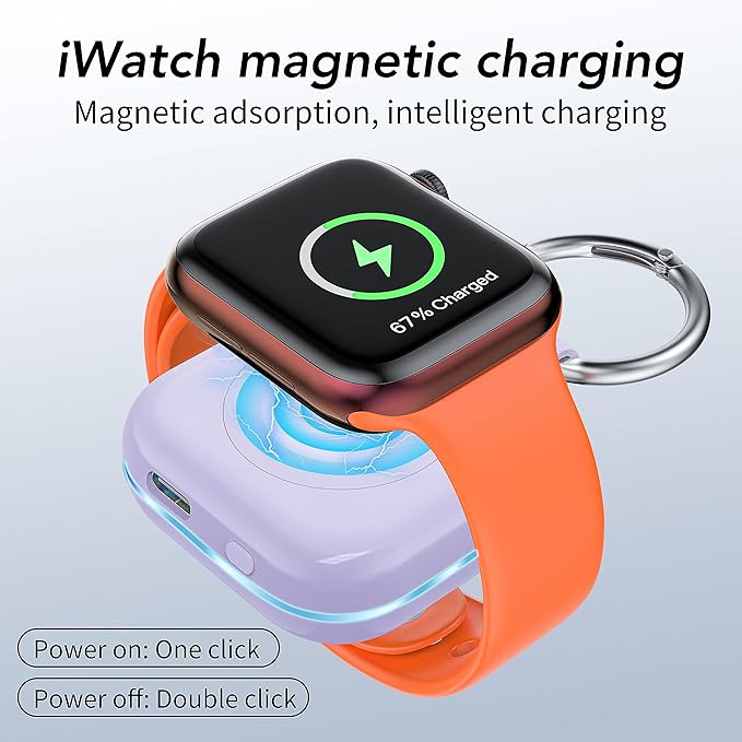 Portable Travel Charger for Apple Watch Series 8,Wireless iWatch Charger 1200mAh Power Bank with Charging Cable, Purse Keychain Smart Chargers for Apple Watch Series 11/10/9/8/7/6/SE/5/4/3/2/1/UItra