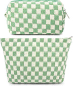 SOIDRAM 2 Pcs Checkered Makeup Bag Large Cosmetic Bag Toiletry Bag Makeup Pouch Travel Bag Organizer Cute Makeup Brushes Aesthetic Accessories Storage Bag for Women Green