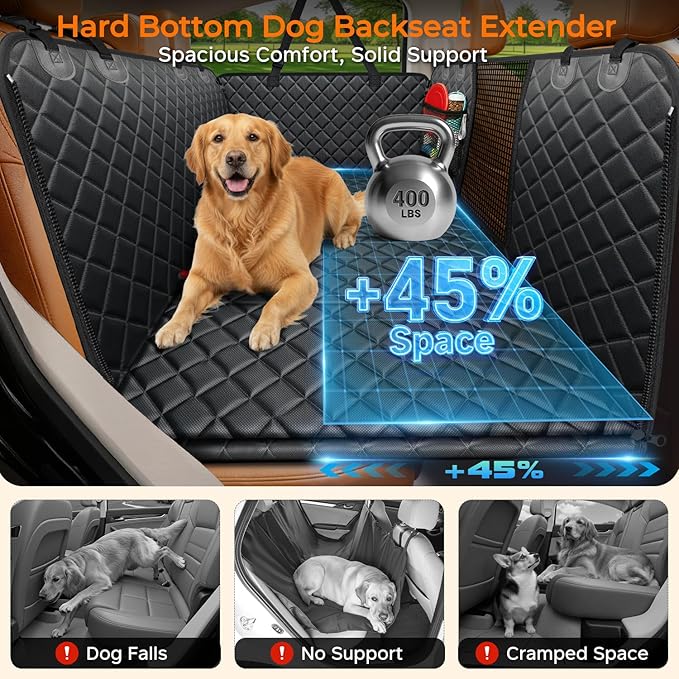 URPOWER XL Dog Backseat Extender for Full-Size Crew Cab Truck, Hard Bottom Dog Car Seat Cover for Back Seat Holds 400lbs, Waterproof Dog Hammock Pet Rear Seat Protector Travel Bed for F150 / Silverado