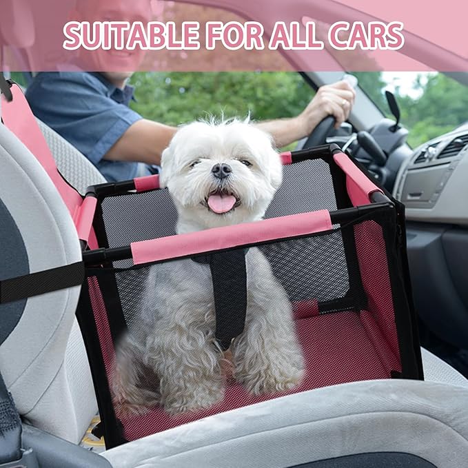 Dog Car Seat Foldable Dog Car Booster Seat Waterproof Breathable Oxford Travel Bag for Small to Medium Dogs, Puppies, and Pets-Pure Pink-Upgrade