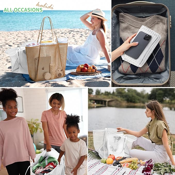 KALIDI Beach Nylon Mesh Tote Bag, Casual Tote Bag Hobo Women Foldable MAX 23L Shoulder Bag For Beach Picnic Vacation