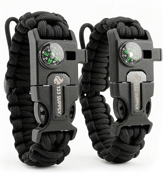 Paracord Bracelet Compass Hiking Survival Kit Emergency Whistle Fire Starter Camping Gear Hiking Essentials Fishing Hunting Accessories EDC Backpacking Gear Tactical Survival Gear Equipment