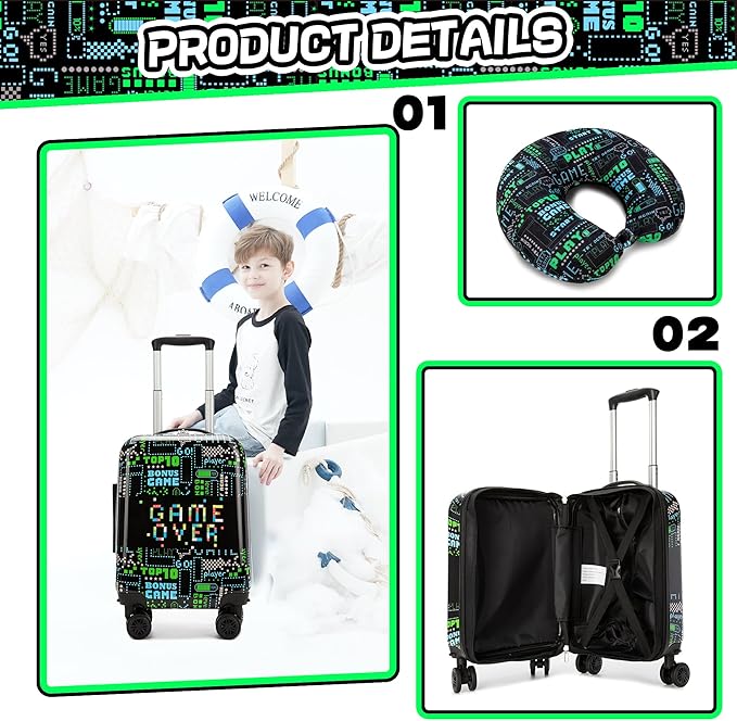Kid’s Luggage Set 2 Piece Suitcase Set 16’’ Hardside Luggage with Spinner Wheels Girls Boys Carry on Toddler Luggage Travel Rolling Luggage Carry on Luggage Airline Approved
