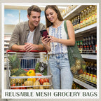 Woanger 24 Pcs Reusable Cotton Mesh Produce Shopping Bags Long Handle Washable Grocery Net Portable Fruit and Vegetable Cotton String Bags Green Net Tote Organizer
