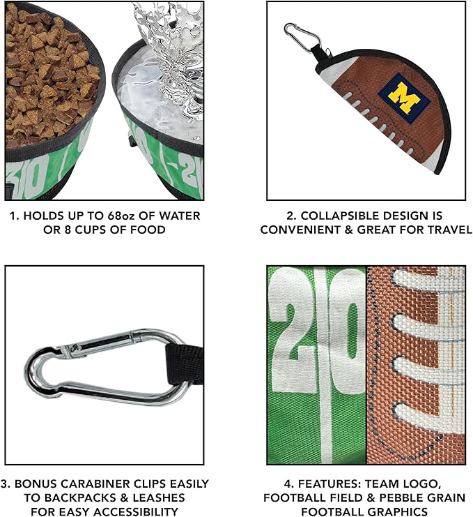 NCAA Michigan Wolverines Collapsible Dog Travel Bowl, Food and Water Bowl for Dogs & Cats. Best Portable & Lightweight Leak-Proof Pet Bowl for Travel with Football Field & Pebble-Grain Design.