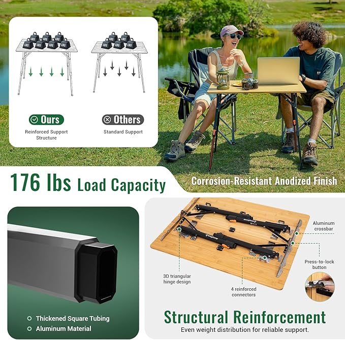 KingCamp Bamboo Folding Table, 4-Fold Camping Adjustable Height Portable Outdoor Lightweight & Compact Table with Aluminum Frame for RV Picnic BBQ Tailgating