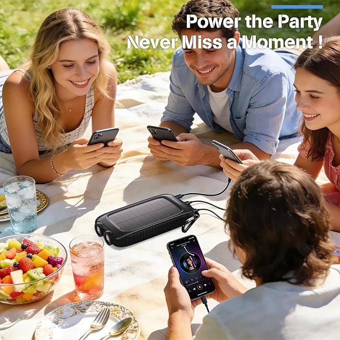 Portable Charger Solar Power Bank 20000mAh with USB-A and USB-C 5V/3A Output Port Black Battery Pack Compatible with iPhone, Samsung, Waterproof Emergency LED Flashlights Perfect for Camping, Hiking