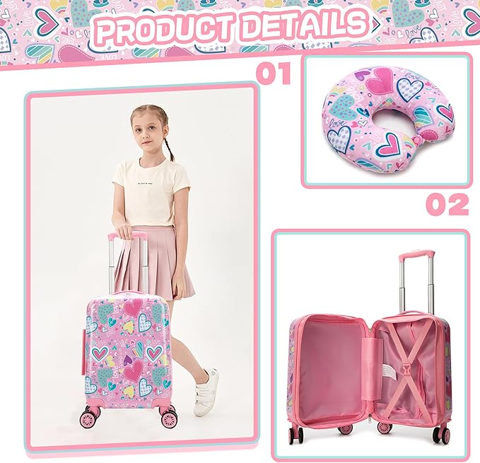 Kids Luggage with Spinner Wheels 5 Piece Carry on Suitcases for Girls Backpack with Lunch Box Pencil Case 16" Toddler Suitcase Set Airline Approved (Pink Heart)