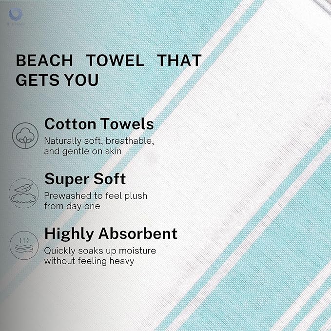 Cotton Turkish Beach Towel with Towels Oversized 36"x72" Pool Absorbent Extra Large Quick Dry Sand Travel Towel (Aqua Blue, 4 Pack)