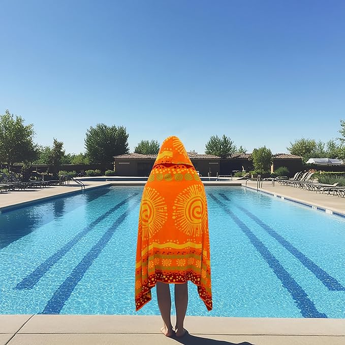 COTTON CRAFT Hooded Beach Towel – Oversized 35 x 70 Towel with Hood for Adults - 100% Cotton Velour Terry Jacquard Towel - Pool Bath Wrap - 450 GSM Soft Absorbent Quick Dry – Sunshine Orange Yellow