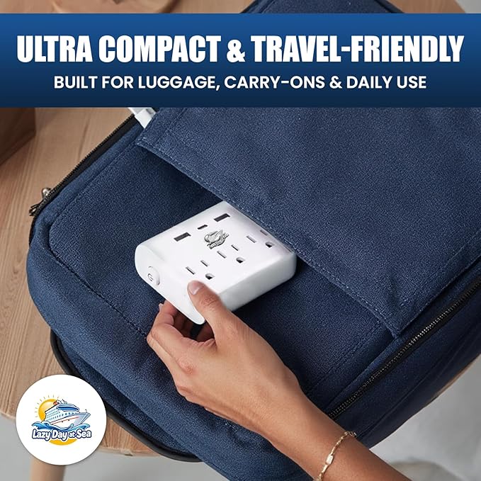 Cruise Ship Compliant Non-Surge Power Strip (6-in-1) Outlet Extender with 3 AC Outlets, 2 USB Ports & 1 USB-C, 2500W, Carnival, Norwegian, Princess & Disney Cruises – Verify Policies Before Travel
