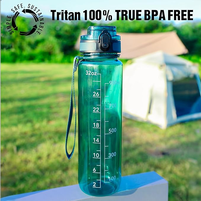 OLDLEY Water Bottle, 32oz Motivational Sports Water Bottle with Time Marker - Times to Drink - Tritan, BPA Free, Wide Mouth Leakproof, Anniversary Birthday Gifts for Men Women, Deep Sea (1 Bottle)