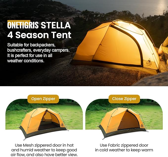 OneTigris Stella 4 Season Camping Tent Backpacking Waterproof Lightweight Easy Setup Instant 3000mm Waterproof Rating Outdoor Hiking Tent