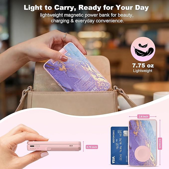 5-in-1 Magnetic Power Bank, 5000mAh Portable Wireless Charger with Mirror, Stand, Bluetooth Remote & Card Holder, MagSafe Compatible Travel Essential for iPhone & Samsung, USB-C Cable Included