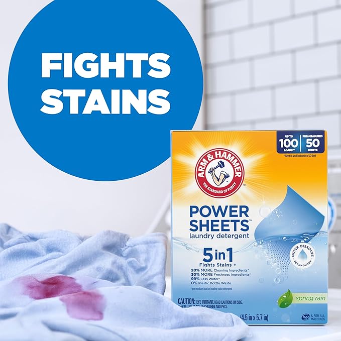 ARM & HAMMER 5-in-1 Power Sheets Laundry Detergent, Spring Rain, 50 Count, up to 100 Small Loads