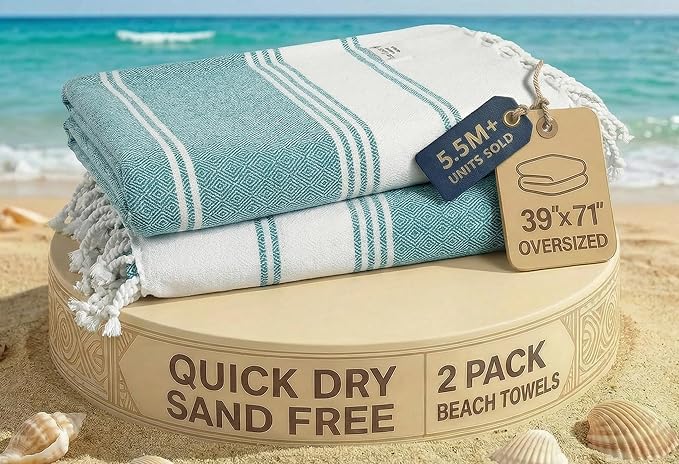 LANE LINEN Turkish Beach Towels, 2 Pack Extra Large Beach Towel, Pre-Washed for Soft Feel, Oversized Sand Free Quick-Dry Pool Towel, Beach Towels for Adults, 39"x71" - Baltic