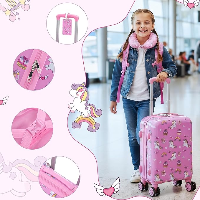 Rosamo Kid’s Luggage Set 6 Piece Suitcase Set 16’’ Hardside Luggage with Spinner Wheels Girls Boys Carry on Luggage Travel Rolling Luggage Airline Approved