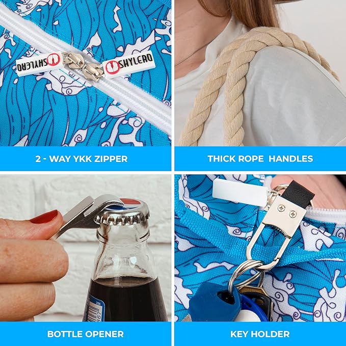 Beach Bag and Pool Bag Has Cooler Pocket, 7 Pockets Total, Zip Top. Family Size Waterproof Beach Tote