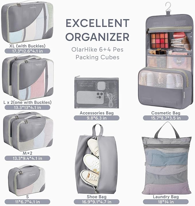10 Set Packing Cubes for Travel, Gifts for Women Mom,Anti-Tearing Suitcase Organizer,OlarHike Vacation Essentials & Accessories for Cruise Ship