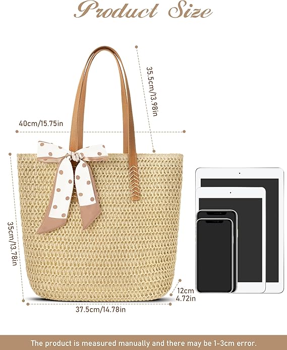 Beach Bags for Women - Straw Bag with Zipper, Soft Woven beach bag, Casual Straw Shoulder Bag for Daily Use