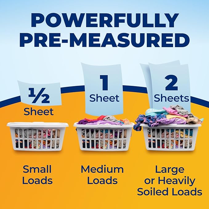 ARM & HAMMER Power Sheets Laundry Detergent Plus OxiClean Stain Fighters, Clean Cotton Scent, 52 Count, 104 Medium Loads