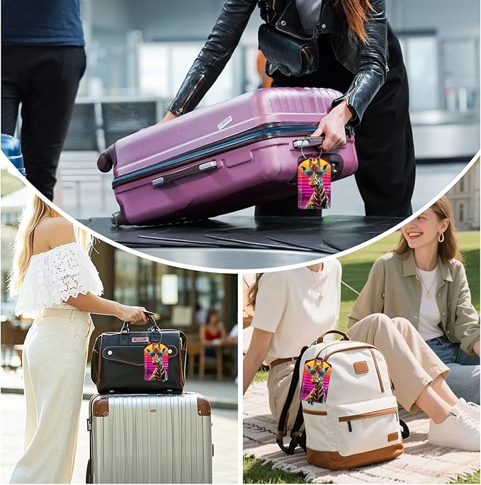 3 Pack Funny Giraffe Sunglasses Luggage Tags for Suitcase Animal PU Leather Travel Luggage Tag Privacy Cover ID Label for Women Men Baggage Backpack Handbag School Bag