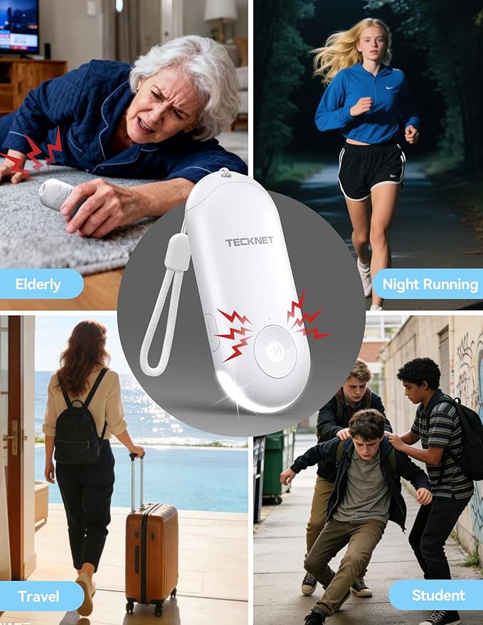 TECKNET Personal Safety Alarm, Rechargeable Personal Alarms for Women, 130dB Extra Loud Siren & Strobe Light Travel Safe Self Defense Alarm, Gift for Women, College Girls, Teenagers, Seniors(White)