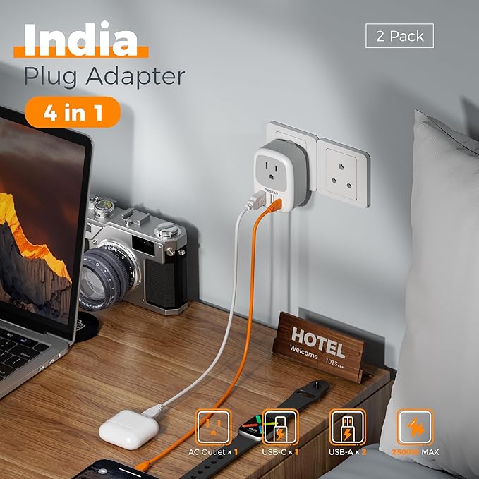 2 Pack US to India Plug Adapter, TESSAN Type D Travel Adapter with 1 Electrical Outlet 3 USB Ports (1 USB C), Power Outlet Adaptor for USA to India Nepal Maldives Pakistan Bangladesh Kuwait Yemen