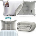 Travel Blanket and Pillow Set — Airplane Blanket with Inflatable Pillow and Cotton Pillowcase, Travel Blanket Combo with Back-Neck Snaps for Long Flights