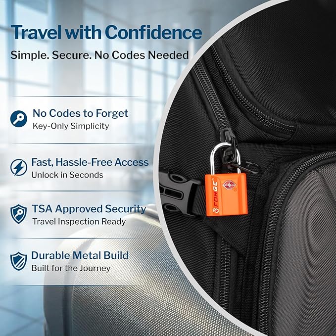Forge Small TSA Approved Luggage Locks: Ultra Secure Dimple Key Travel Locks Alloy Body. for Luggage, Travel Cases, Backpacks, Orange 4 Pack.