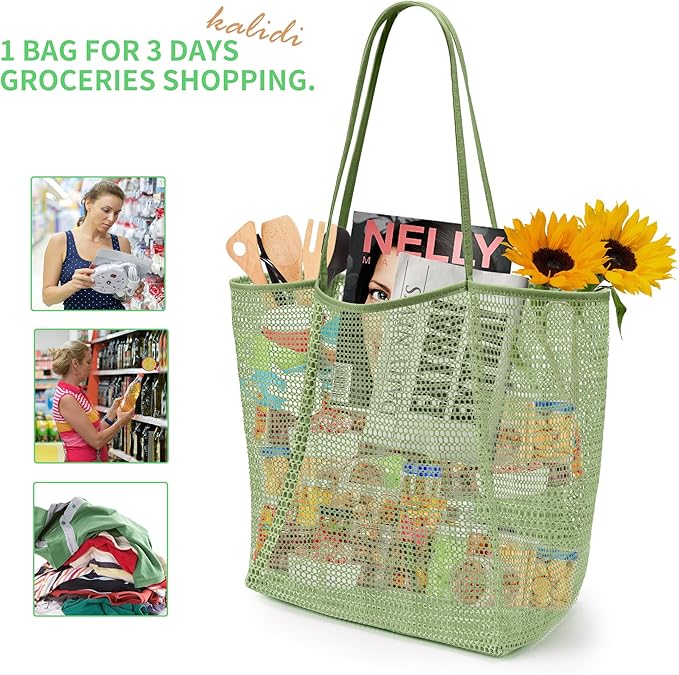 KALIDI Beach Nylon Mesh Tote Bag, Casual Tote Bag Hobo Women Foldable MAX 23L Shoulder Bag For Beach Picnic Vacation