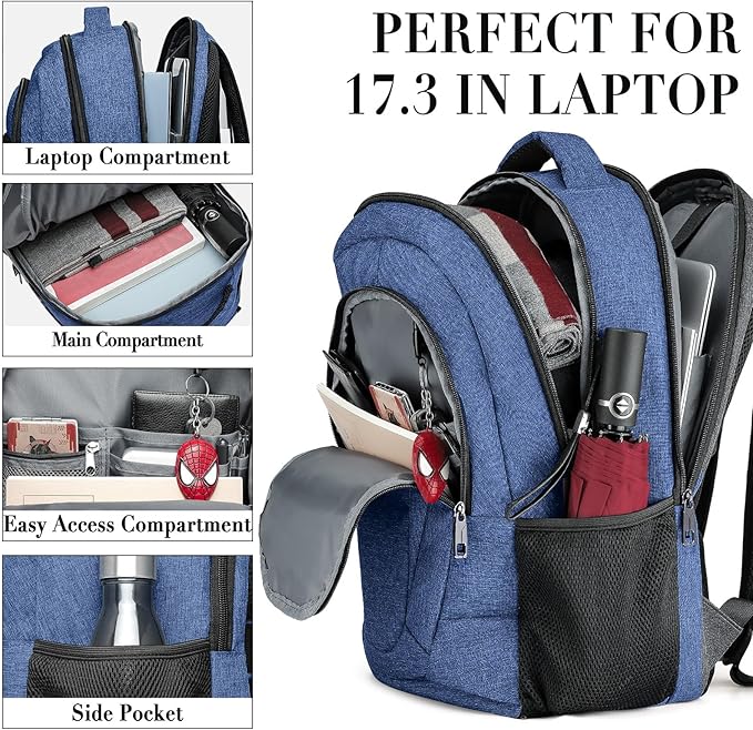 BIKROD Backpack for Women and Men, Extra Large School Backpacks for Teens, Water Resistant Back Pack Fits 17 Inch Laptop, Business Anti Theft Sturdy Computer Bag Gifts, Blue