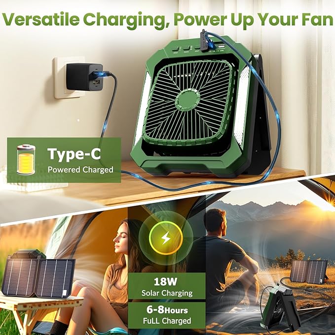 26800mAh Portable Fan Rechargeable with 18W Detachable Solar Panel, Quiet Battery Powered Camping Fan Cordless with LED Lantern,3 Speed,Timer,USB-C,for Bedroom Tent Home Office Desk Hurricane(Green)