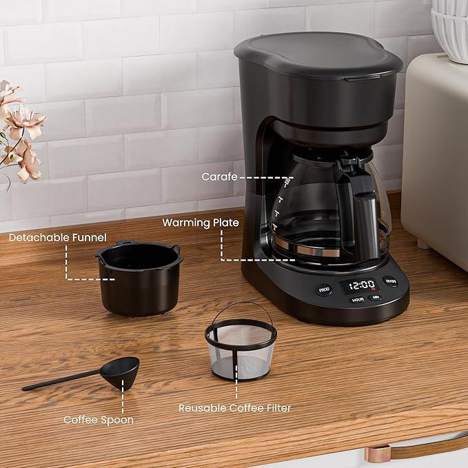 WAA 5 Cup Programmable Drip Coffee Maker, Portable Coffee Machine with Glass Pot, Includes Hot Plate and Reusable Filter, Auto Shut-Off and Delay Brew, 25oz Water Tank, Black