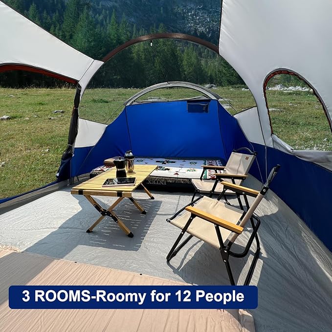 CAMPROS CP Tent 12-Person-Camping-Tents,3 Room Family Tents,Waterproof Windproof Family Tent with Top Rainfly,6 Large Mesh Windows,Double Layer,Easy Set Up, Portable with Carry Bag-20' x 9' x 72"(H)
