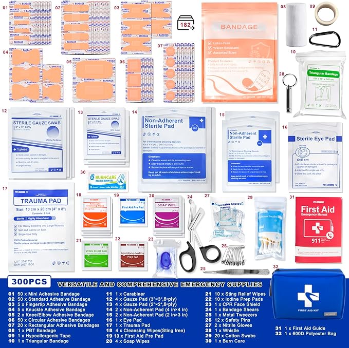 300 Piece First Aid Kit, Compact Waterproof First Aid Bag with 9 Organized Compartments, Portable Emergency Supplies Kit for Outdoor, Camping, Hiking, Car, Home, Travel, Office