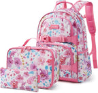 mommore Kids Backpack for Girls 4-8 with Lunch Box Elementary Kindergarten Preschool School Backpack 15'' Fit Folders Bottles, PInk Colorful Flowers