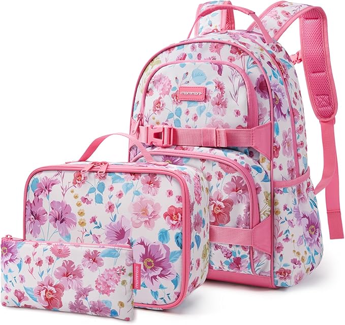 mommore Kids Backpack for Girls 4-8 with Lunch Box Elementary Kindergarten Preschool School Backpack 15'' Fit Folders Bottles, PInk Colorful Flowers
