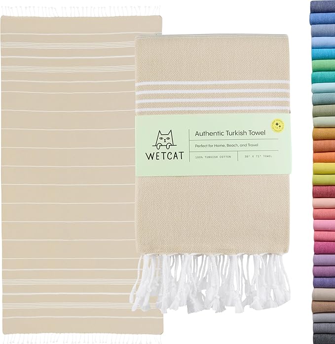WETCAT Turkish Beach Towel Oversized (38"x71") 100% Turkish Cotton, Made in Turkey - Sand Free, Extra Large, Ultra Soft, Quick Drying, Compact & Lightweight for Travel - Beige
