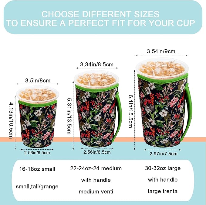 KJQJLY 3 Pack Reusable Iced Coffee Sleeves for Iced Coffee Cups or Drinks Reusable Neoprene Insulated Sleeves for Hot and Cold Drinks from Starbucks, Dunkin, And More (Leaves and grass)