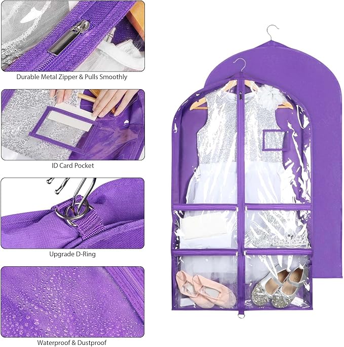 Syeeiex Clear Dance Costume Garment Bag with 3" Gussetes(2 Pack), 40'' Garment Bags for Dance Costumes, Kids Dance Garment Bag with 4 Medium Zippered Pocket - Suitable for Dance Competitions(Purple)