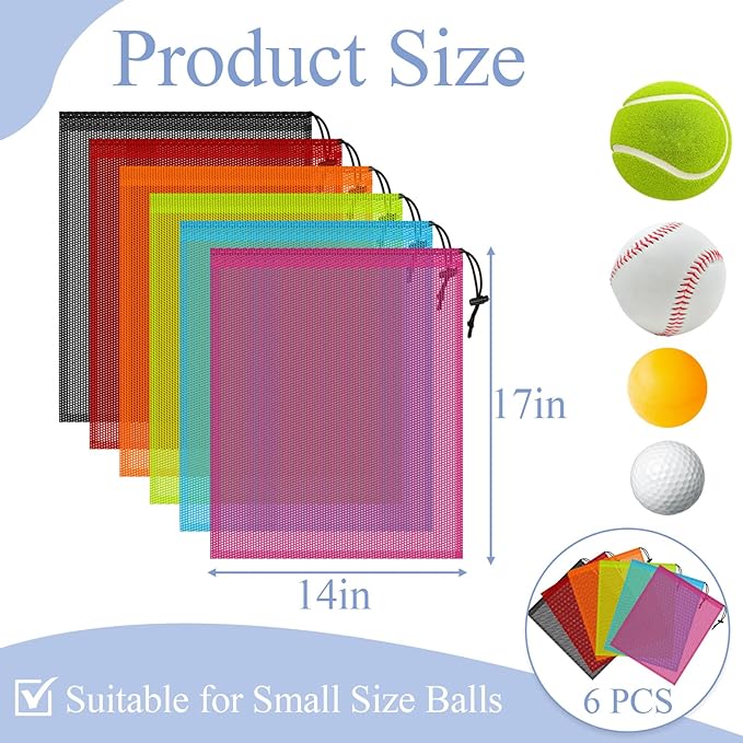6PCS Multicolor Mesh Bag Drawstring, 14 x 17 Inch Net Bag with Lock, Multipurpose Storage Bags for Gym, Laundry, Balls, Beach and Toys