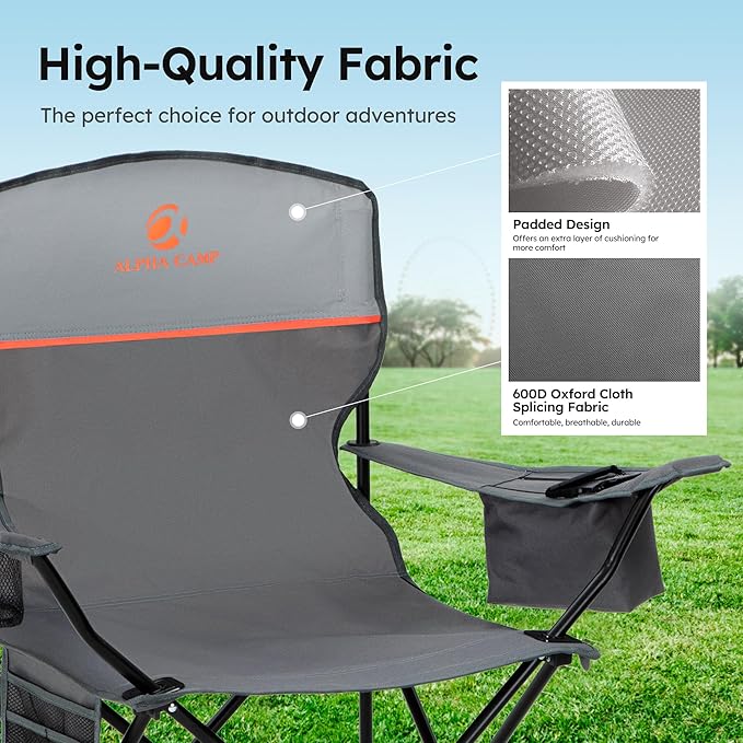 ALPHA CAMP Camping Chairs 250LBS Capacity, Heavy Duty Folding Chair with 4-Can Cooler Bag, Portable Outdoor Chair with Cup Holder for Adults, Collapsible for Tailgating, Beach, Fishing,Black,2PC
