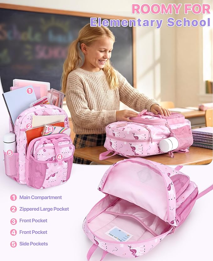 VASCHY Girl Kids Backpack & Lunch Bag Set, 2-in-1 School Bookbag with Insulated Lunch Box for Preschool, Daycare, Kindergarten & Elementary School – Pink Unicorn