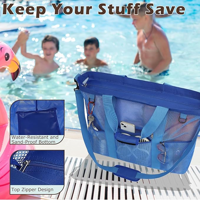 Fammart Mesh Beach Bag with Zipper, Large Beach Tote for Women, Toys Pool Swim Bag Travel Vacation Cruise Essentials
