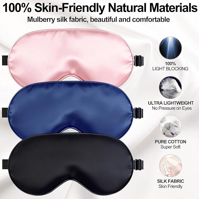 Sleep Mask, Silk Eye Mask for Sleeping with Adjustable Strap, Blindfold Eyeshade for Men & Women, Comfortable & Soft Eye Cover Eyeshade for Night Sleep（Black&Blue&Pink&1 Laundry Bag）