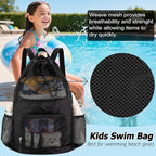 Swim Bag for Kids Mesh Beach Backpack for Boys Lightweight Drawstring Beach Bag Swimming Pool Sports Gym String Bag (Black)